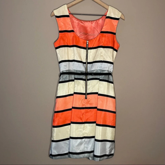 Women's 10 Danny & Nicole Belted Striped Dress Black Gray Coral Belted Pleated - Picture 3 of 7